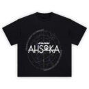 Star Wars Ahsoka Tee with white Ahsoka title over detailed galactic star map and celestial coordinates