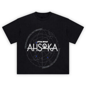 Star Wars Ahsoka Tee with white Ahsoka title over detailed galactic star map and celestial coordinates