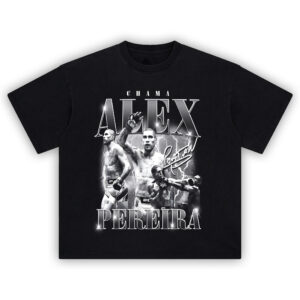 Alex Pereira Graphic T-Shirt with UFC action shots and thunder-themed collage design