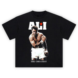 Ali Red Star tee with roaring Muhammad Ali pose, bold white block letters, red star accent, and “The Greatest” caption