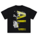 Ali Shadow Legend tee featuring boxing silhouette in grayscale with cracked yellow geometric background and vintage fight energy