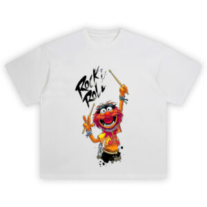 Animal Rock and Roll T-Shirt with Muppets drummer, drumsticks raised, and vibrant rock background