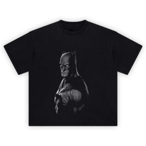 Batman Noir T-Shirt with grayscale portrait of Batman in intense monochrome style