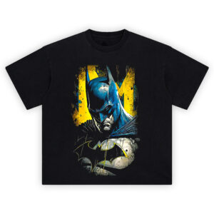 Batman Broken Cowl T-Shirt with scarred mask and glowing Bat symbol in Gotham shadows