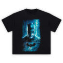 Batman Gotham Storm T-Shirt featuring the Dark Knight with lightning over Gotham City