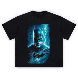 Batman Gotham Storm T-Shirt featuring the Dark Knight with lightning over Gotham City