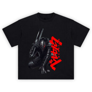 Berserk Guts Black Swordsman Tee with dark armor illustration and bold red katakana text