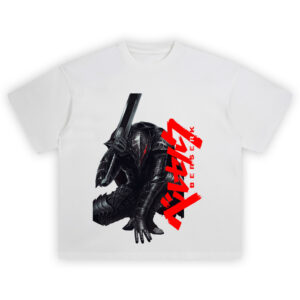 Berserk Guts Black Swordsman Tee with dark armor illustration and bold red katakana text