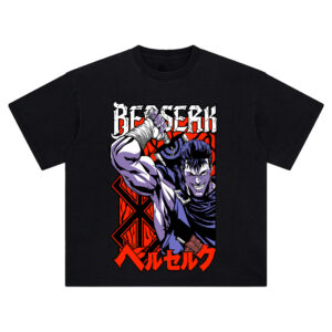 Berserk Guts Brand of Sacrifice Tee with red symbol, battle-ready pose, and bold katakana lettering