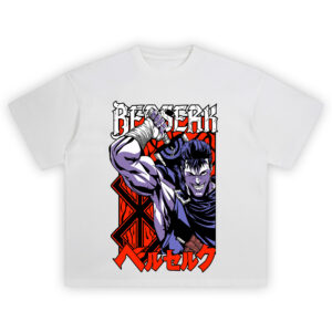 Berserk Guts Brand of Sacrifice Tee with red symbol, battle-ready pose, and bold katakana lettering
