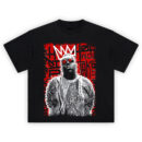 Biggie Smalls Crowned Graffiti tee with COOGI sweater, sketched crown, graffiti background, red & black Brooklyn style art