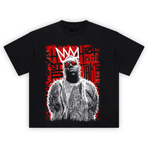 Biggie Smalls Crowned Graffiti tee with COOGI sweater, sketched crown, graffiti background, red & black Brooklyn style art
