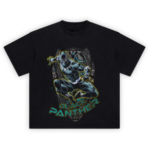 Black Panther Vibranium Strike T-Shirt with T’Challa leaping forward in tribal energy design