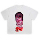 Bowie lightning bolt T-shirt with vivid red and blue portrait of David Bowie in Ziggy Stardust makeup