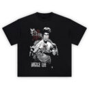 Bruce Lee Dragon Legacy Tee with red kanji, grayscale fight pose, and dragon illustration