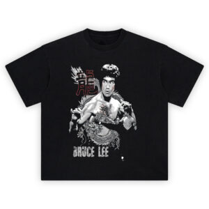 Bruce Lee Dragon Legacy Tee with red kanji, grayscale fight pose, and dragon illustration