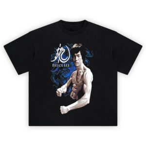 Bruce Lee Dragon Spirit Tee martial arts shirt with blue dragon and iconic stance