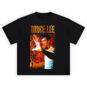 Bruce Lee Fire Strike Tee with flaming action pose and nunchaku weapon