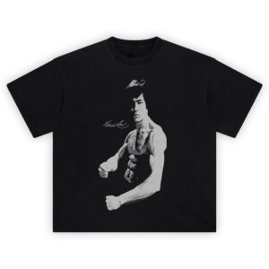 Bruce Lee Monochrome Power Tee featuring black-and-white martial arts pose and signature