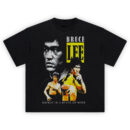 Bruce Lee State of Mind Tee with iconic yellow jumpsuit, grayscale portrait, and motivational quote