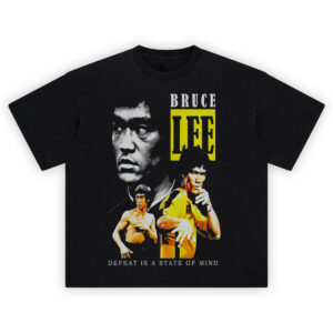 Bruce Lee State of Mind Tee with iconic yellow jumpsuit, grayscale portrait, and motivational quote