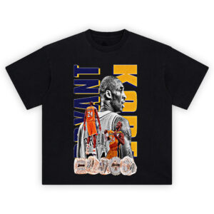 Mamba Mentality T-shirt featuring Kobe Bryant in Lakers colors with championship rings collage
