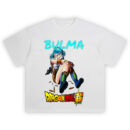 Bulma Dragon Ball Super Tee with neon combat look, vintage halftone texture, and DB Super logo