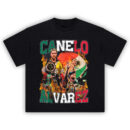 Canelo Firepower Tee with collage of Alvarez championship moments and Mexican flag flames
