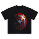 Captain America Shield T-Shirt featuring distressed vibranium star emblem on dark background