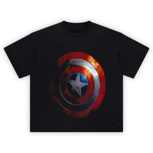 Captain America Shield T-Shirt featuring distressed vibranium star emblem on dark background