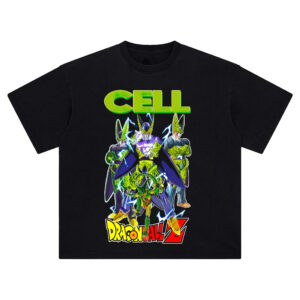 Cell Dragon Ball Z Tee featuring all Cell forms with lightning accents and neon green lettering