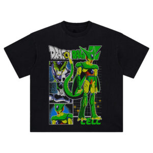 Cell Android Form Tee featuring manga panel-style layout with Dragon Ball Z logo and retro anime art style