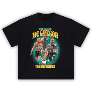 Conor McGregor Graphic Tee with collage of UFC titles, Irish flag, and iconic fight moments