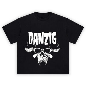 Danzig Skull Tee with bold white horned skull logo on black background for metal fans