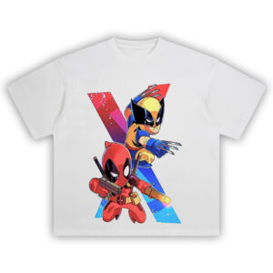 Wolverine and Deadpool Chibi T-Shirt featuring animated mini versions of both heroes on bold X backdrop