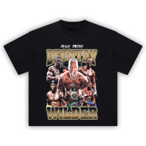 Deontay Wilder Shirt with bold collage of Bronze Bomber boxing moments and championship belts