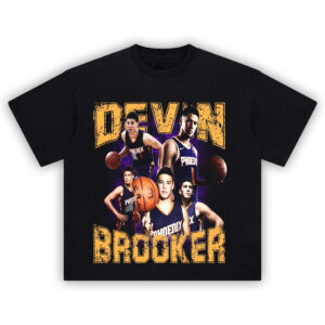 Valley Buckets Tee featuring Devin Booker Phoenix Suns collage in purple and orange vintage design