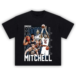 Donovan Mitchell T-Shirt with NBA action montage and Louisville college highlights
