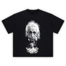 Einstein Theory of Power Graphic Tee with atomic symbol glowing in hands and vintage monochrome finish