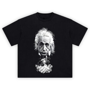 Einstein Theory of Power Graphic Tee with atomic symbol glowing in hands and vintage monochrome finish