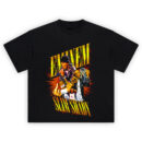 Eminem Slim Shady Mayhem tee with explosive collage of Slim Shady images, cracked gold text, red chaos backdrop, and middle finger moments