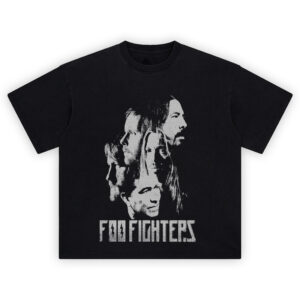 Foo Fighters Band Tee with vintage black-and-white graphic of the full band and lightning-style logo design