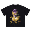 Golden Frieza Power Surge Tee with crumbling armor design, anime-style portrait, and katakana “Frieza”