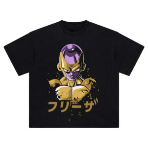 Golden Frieza Power Surge Tee with crumbling armor design, anime-style portrait, and katakana “Frieza”
