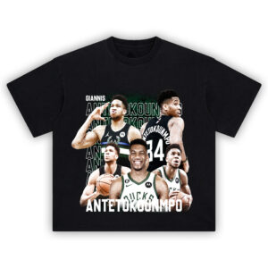 Giannis Antetokounmpo T-Shirt showcasing multiple iconic moments from his Milwaukee Bucks career
