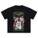 Giannis MVP T-Shirt featuring dynamic images of Giannis Antetokounmpo in action with Bucks colors and bold graphics