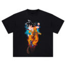 Kid Goku Dragon Ball Tee featuring Power Pole, flame energy, and vibrant red-blue aura design