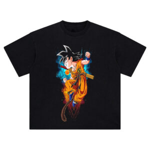Kid Goku Dragon Ball Tee featuring Power Pole, flame energy, and vibrant red-blue aura design