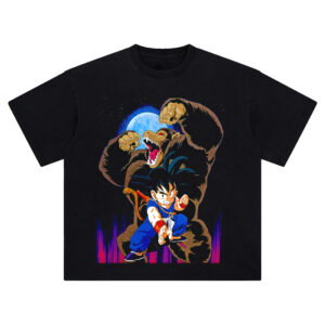 Unleash the primal power with the Saiyan Moon Transformation Tee—Kid Goku and his Great Ape form shine under the moonlit sky.