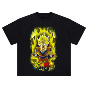 Super Saiyan Goku Tee with golden aura, Dragon Ball Super logo, and energy blast details